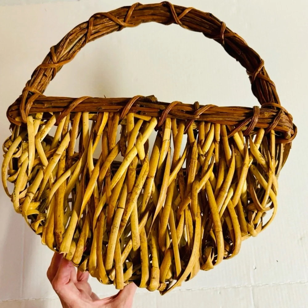 Wall Pocket Vintage Boho rattan twiggy 2 tone handmade in brown and tan